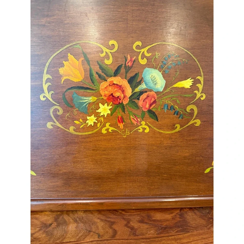 Vintage Hand Painted Floral‎ Wood Tray With Handles